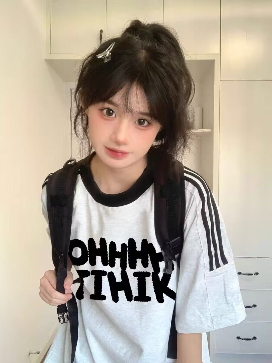 純棉200克21支精梳精密直播品質前 印花三條槓落肩短袖t恤女