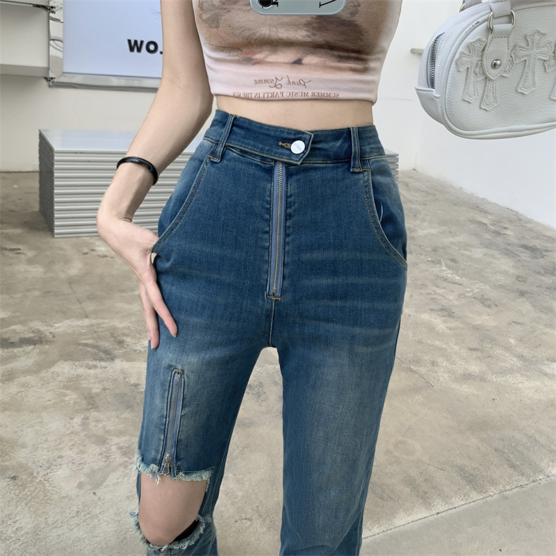 實拍  新款時尚膝蓋破洞雙頭拉鏈高腰顯瘦休閒微彈牛仔褲女