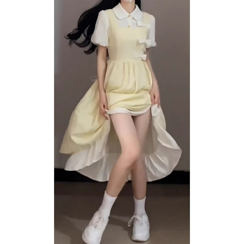 森女系法式假兩件泡泡袖連衣裙女仙氣超仙森系蝴蝶結黃色襯衫裙夏