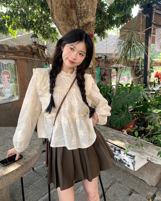 Real shot of sweet French pleated long-sleeved shirt for women 2024 new fungus-edged loose top