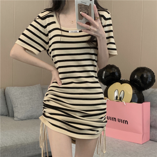 Striped drawstring short-sleeved dress for women summer Korean style ins style square neck hot girl chic hip-covering short skirt