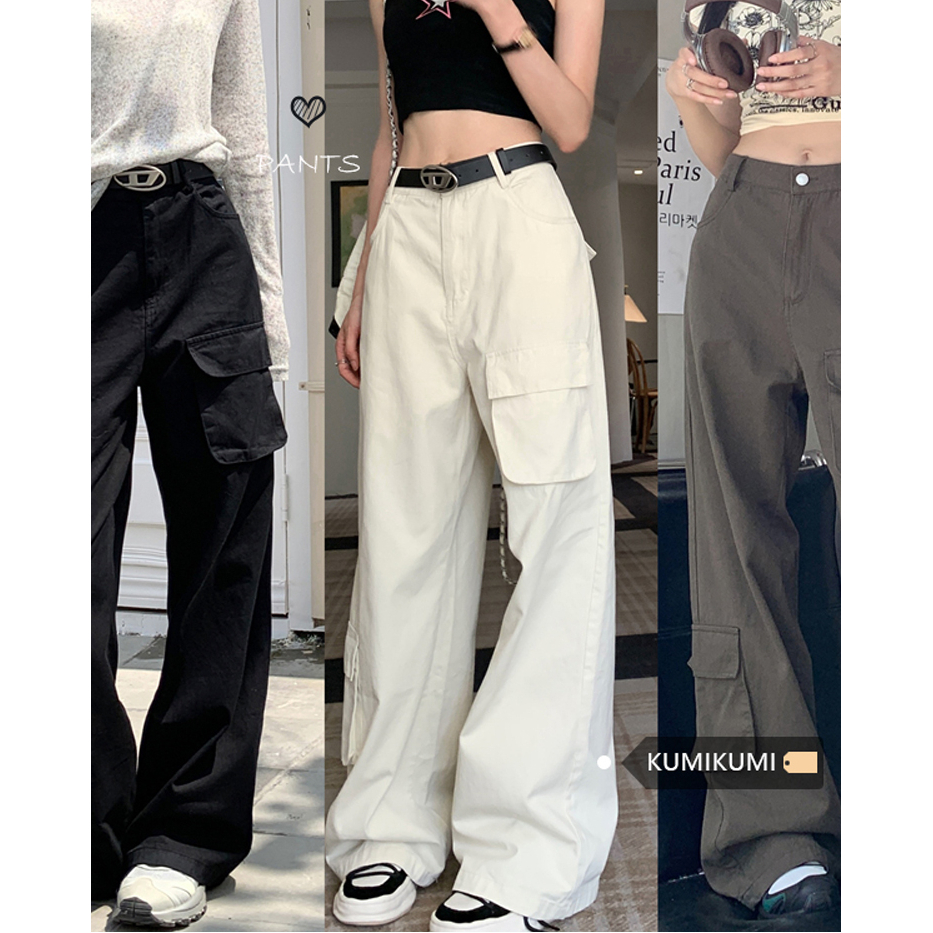 美式工裝褲休閒褲女秋季高腰顯瘦垂感拖地闊腿褲長褲子潮