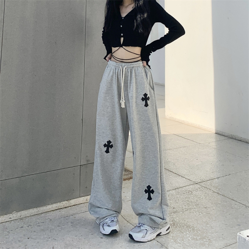 Real shot of American European and American casual pants for men and women ins Korean version high street cross embroidered wide leg pants