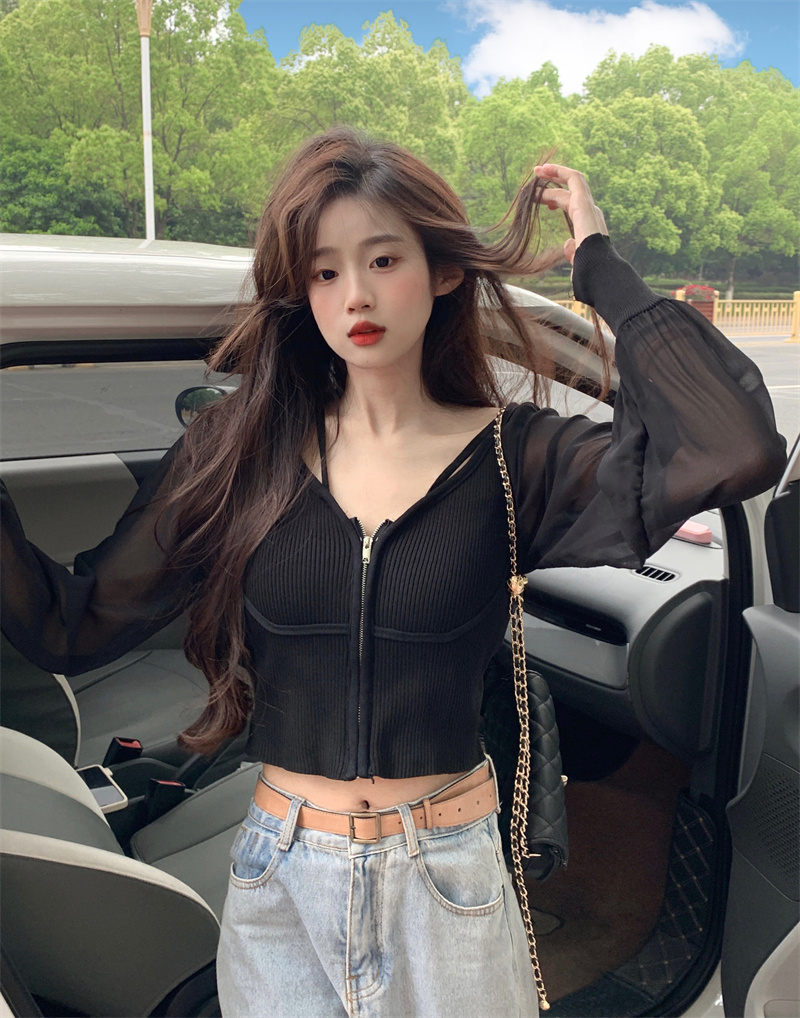 Real shot of temperament short chiffon spliced ​​long-sleeved sweater 2024 new fashion slim zipper shirt top