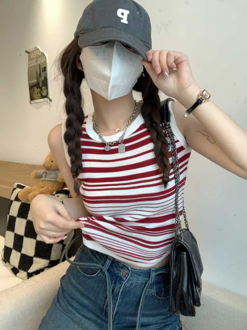 實拍 撞色條紋無袖背心外穿純欲內搭無袖女t恤短款針織