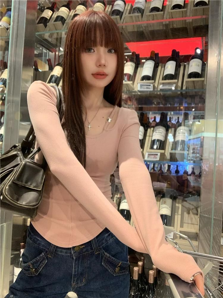 Official photo 260g casually cut fleece curved hem bottoming shirt long sleeves right shoulder T-shirt for women winter repair