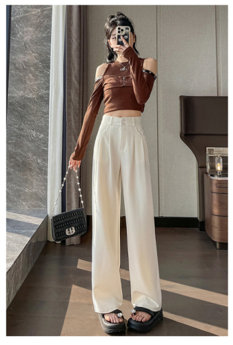 High-waisted narrow suit wide-leg pants for women in spring and autumn slim and high-end vertical sense floor-length straight off-white casual pants