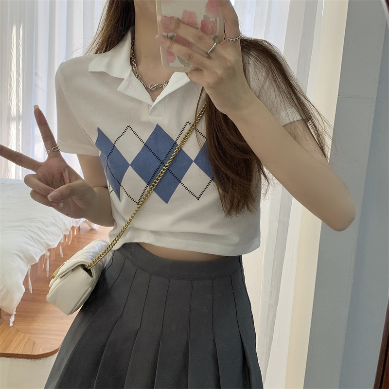 美式正肩polo領短袖t恤女夏季設計感小眾高腰短款上衣2024年新款