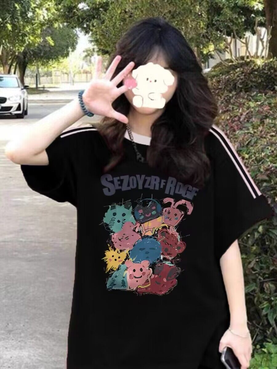 純棉200克21支精梳精密直播品質前 印花三條槓落肩短袖t恤女