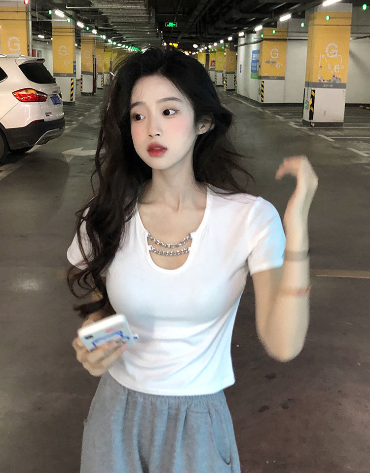 純欲風辣妹鏈條短袖正肩T恤女夏季外穿性感高腰短款別致上衣ins潮