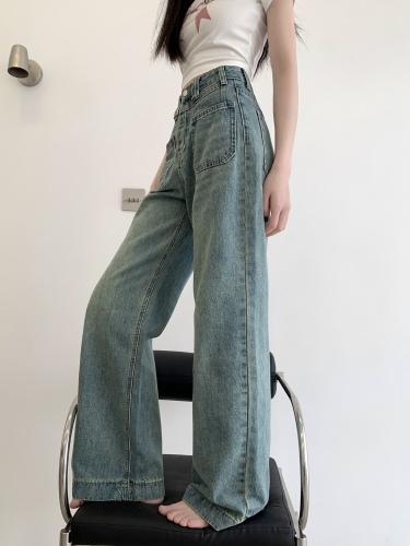 Actual shot ~ Retro washed wide-leg jeans for women, high-waisted slimming straight-leg floor mopping pants