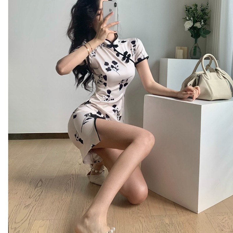 小個子性感復古印花改良式少女開叉旗袍連衣裙夏季法式2024新款女