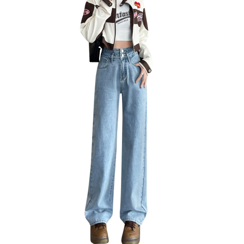 Real shot of straight-leg jeans for women in spring and autumn, high-waisted, wide-legged, buttoned, small, versatile, slim floor-length, trendy trousers