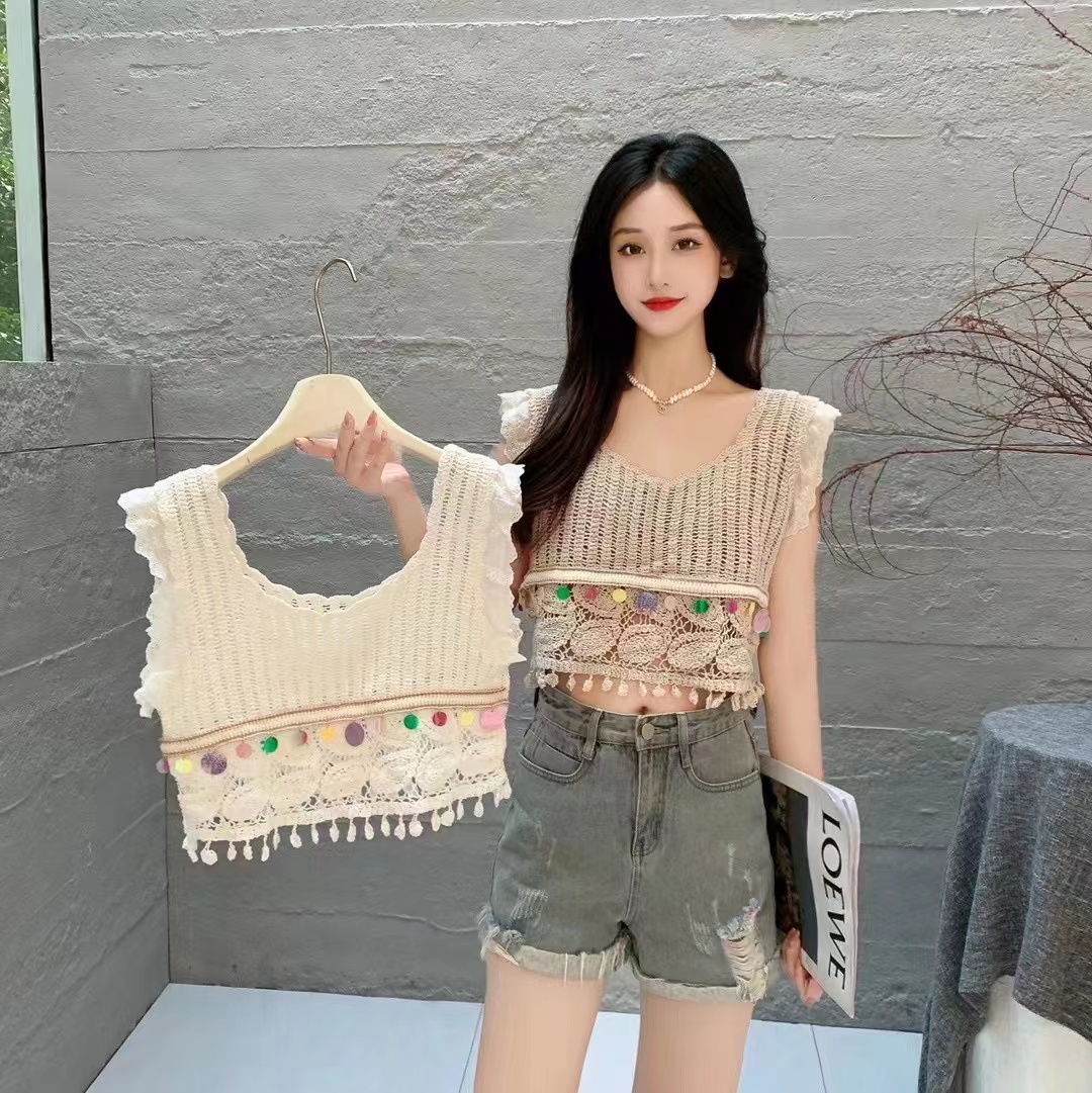 背心女夏季新款韓版鏤空鈎花流蘇小眾設計感外穿無袖坎肩美背上衣