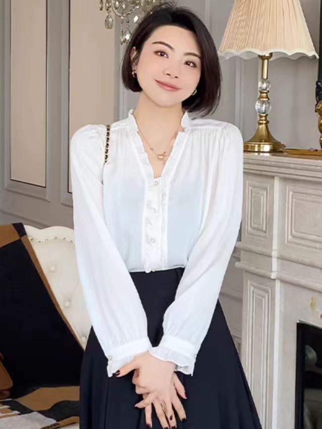 大洪洪珂芮達莫奈的畫2024春法式V領荷葉邊長袖襯衫女襯衣
