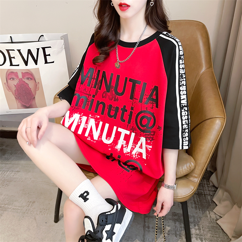 Real shot of quality summer Korean style loose round neck letter printed raglan sleeves large size short sleeve T-shirt for women