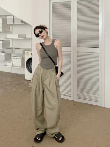Actual shot Vest with letter logo, arc hem sleeveless top + elastic waist wide leg pants overalls floor mopping trousers
