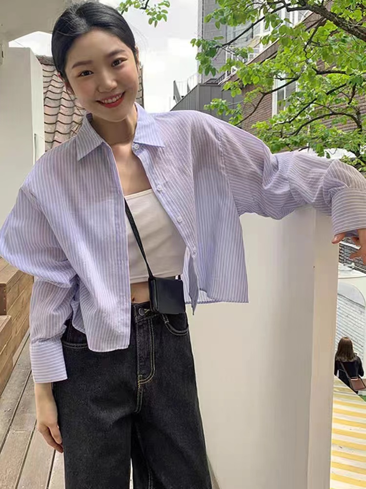 韓國chic藍色小條紋襯衫設計感小眾2024新款長袖防曬襯衫女