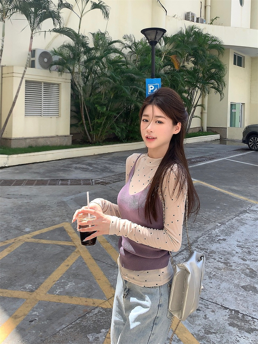 實拍~ 韓版簡約疊穿短款針織吊帶+顯瘦波點長袖打底衫兩件套