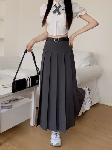 Actual shot ~ Suit skirt design niche slimming high-waisted workwear long skirt A-line pleated large hem skirt for women with belt