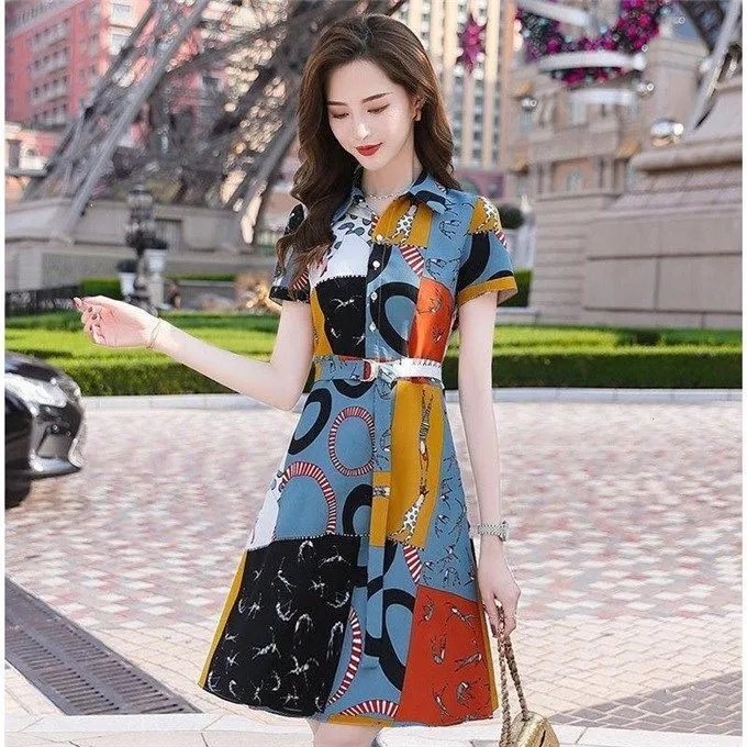 洋氣連衣裙短袖2024夏季新款輕熟風法式收腰女神氣質印花襯衣裙子