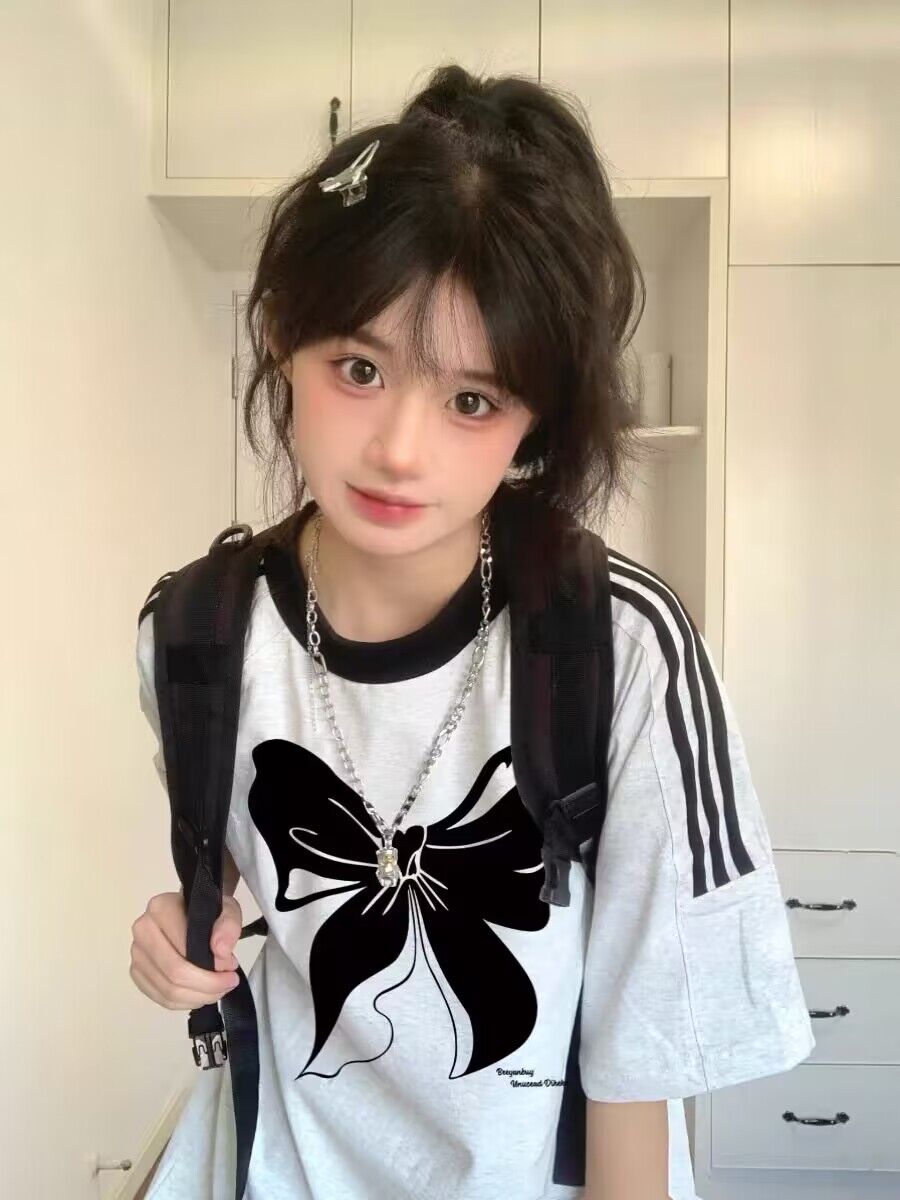 純棉200克21支精梳精密直播品質前 印花三條槓落肩短袖t恤女