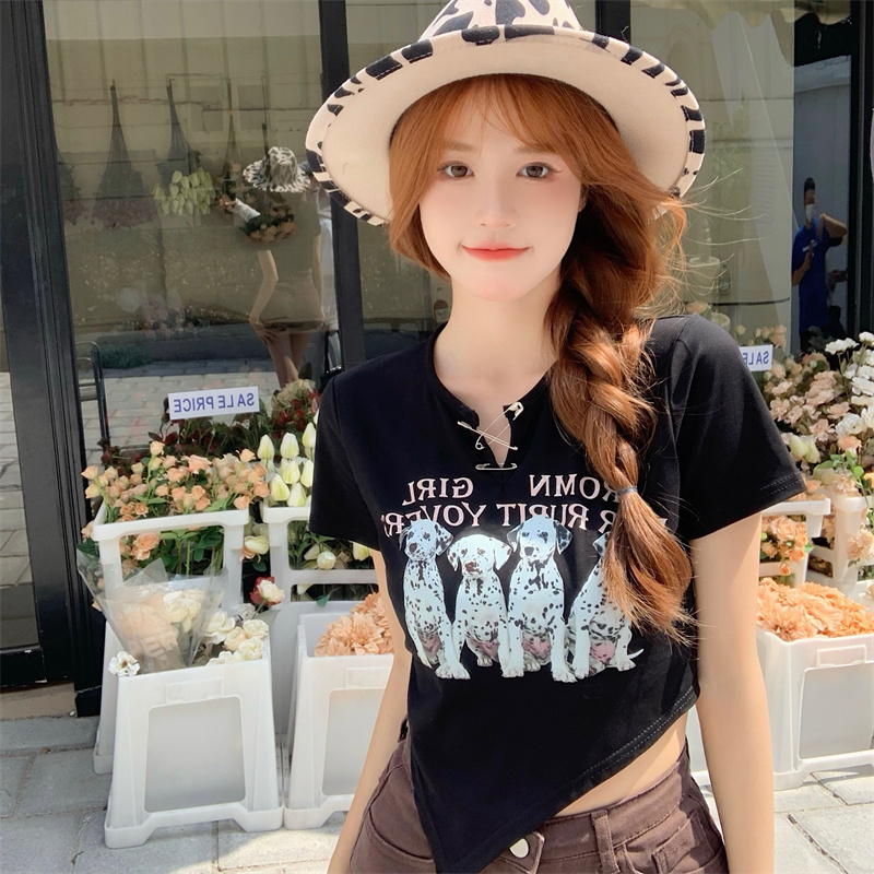 Cartoon Printed Right Shoulder Short Sleeve T-Shirt Women's 2024 Summer New Style Fat mm Slim Short Slim Top