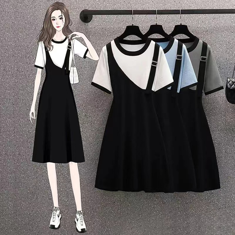 2024 Summer Dress New Niche Design Stitching Contrast Color Fake Two-piece Flesh-covering and Slimming Skirt