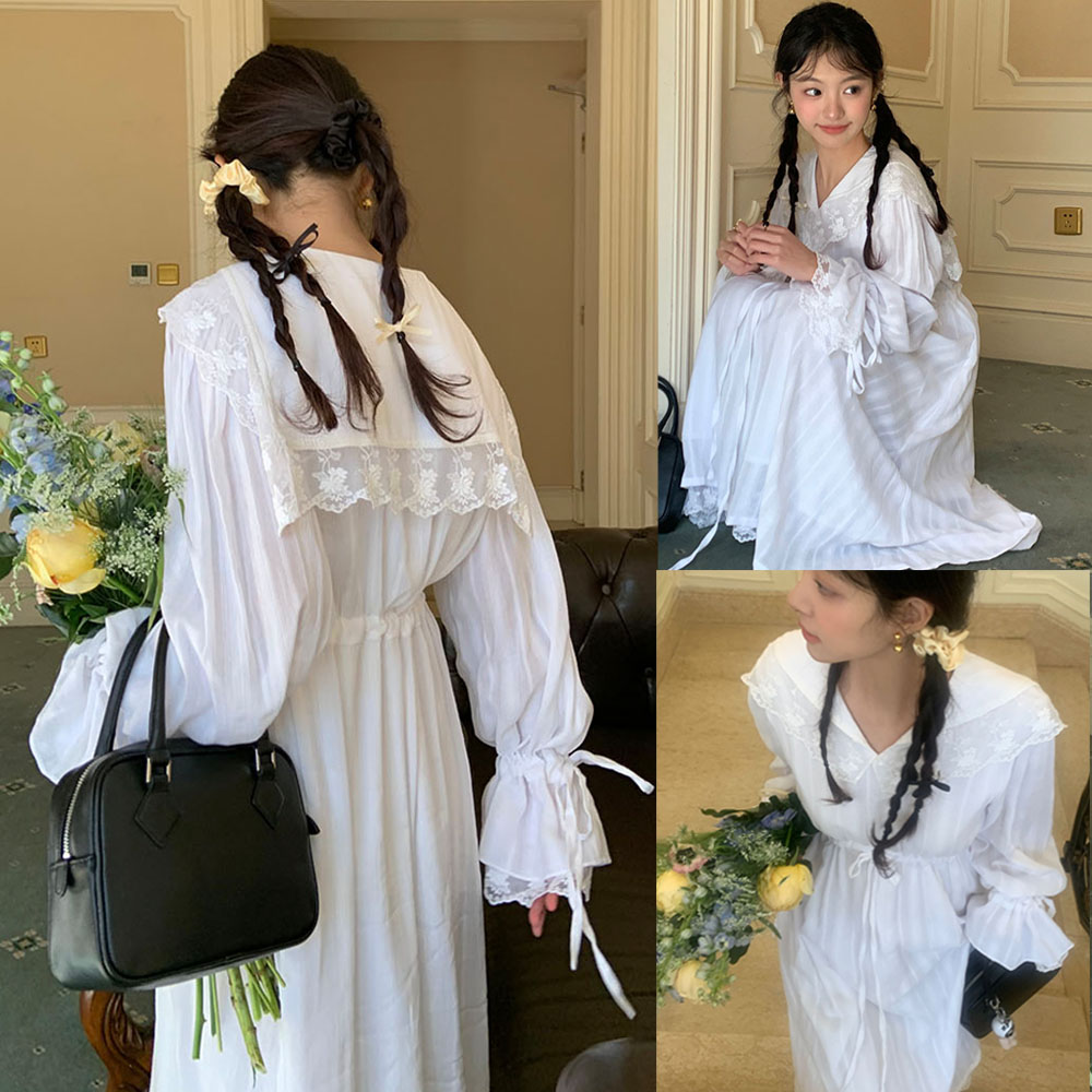 實拍 早春 法式初戀少女蕾絲拼接V領收腰提花棉喇叭袖長裙連衣裙