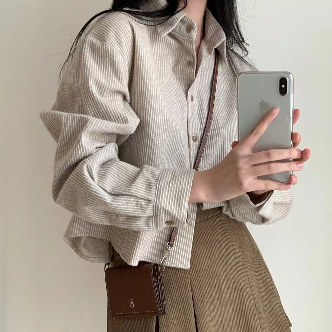 韓國chic早春 條紋襯衫女長袖襯衣