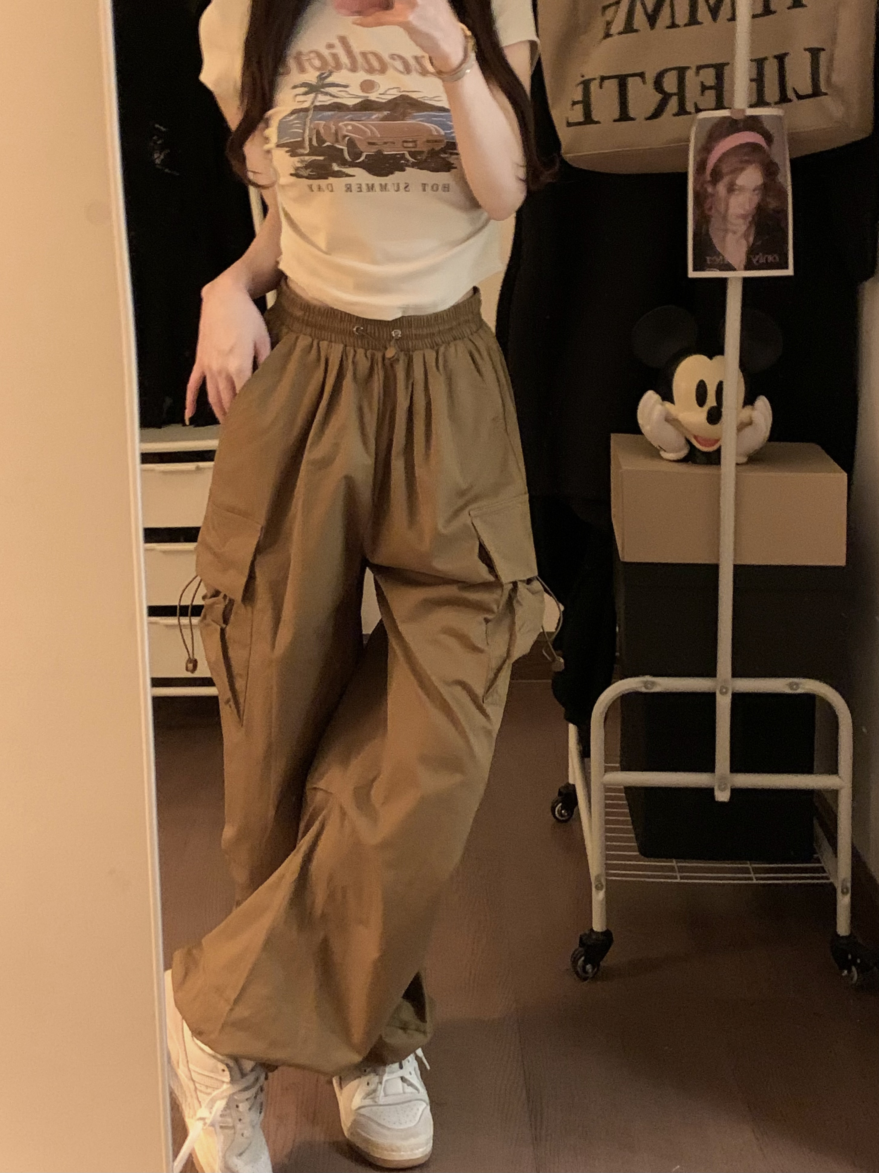 實拍~韓版抽繩顯瘦闊腿休閒褲女