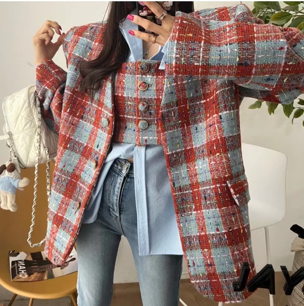 韓國2024春女士 ins博主oversize粗呢小香外套 短款吊帶