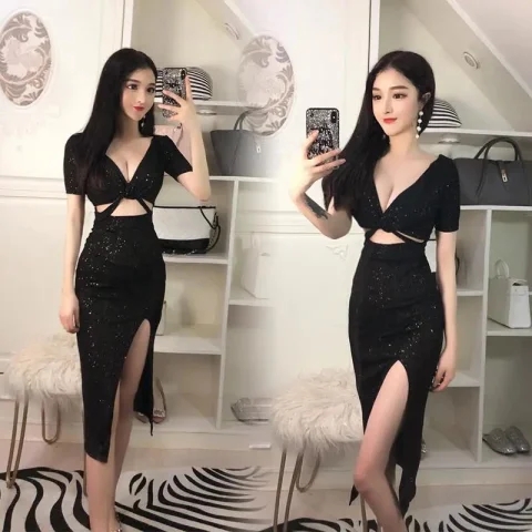 夜店性感連衣裙女夜總會氣質女神范名媛低胸開叉顯瘦包臀禮服夏秋