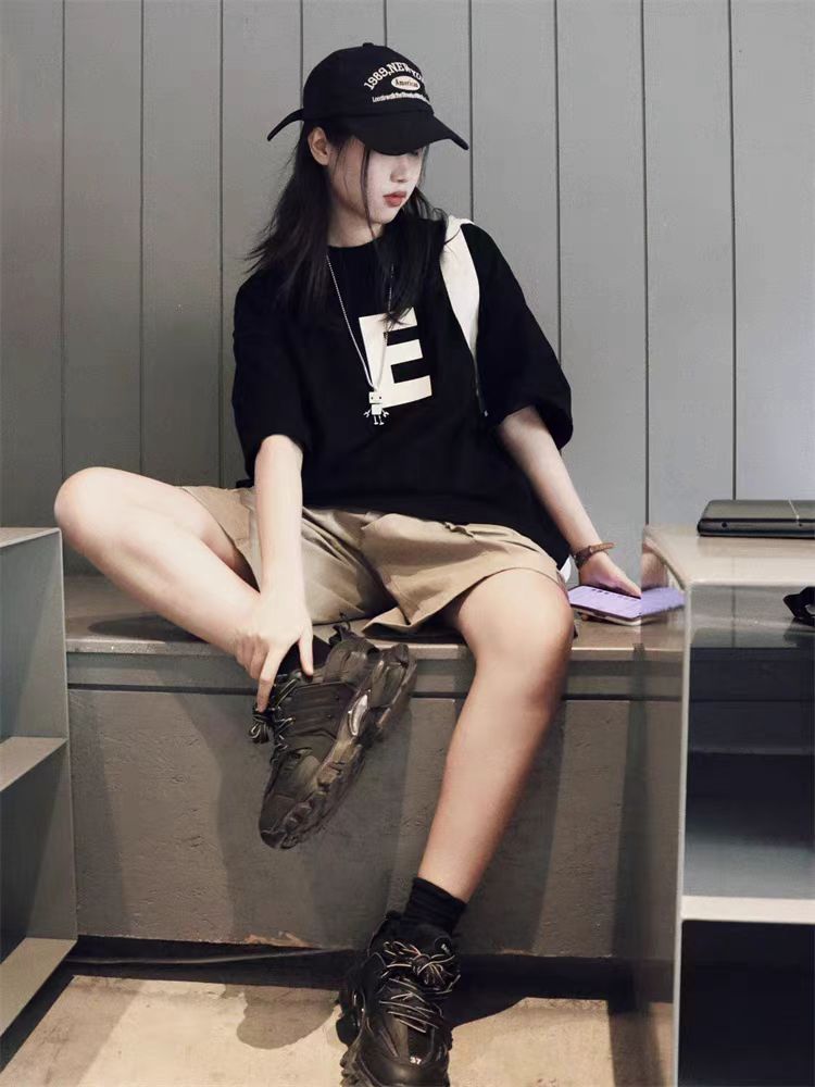 200g combed compact offspun pure cotton back strip Spring and summer loose right shoulder printed short-sleeved T-shirt