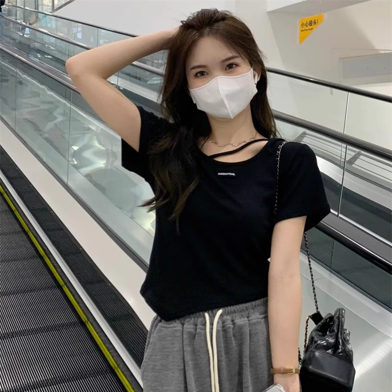 夏季韓版2024新款修身顯瘦百搭洋氣V領短款綁帶短袖T恤上衣女裝潮