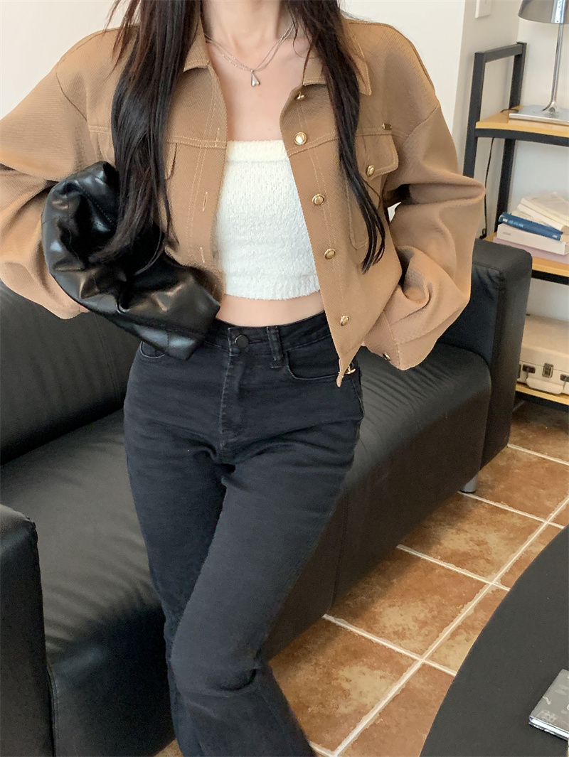 實拍~甜辣妹復古港風短款Polo領長袖夾克外套女