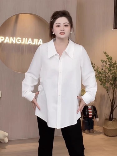 Fat Jiajia plus size women's polo collar long-sleeved white shirt for women in spring fat mm slimming tops for women solid color