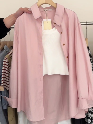 纯棉粉色衬衫女春秋季韩系设计感叠穿宽松百搭别致长袖衬衣