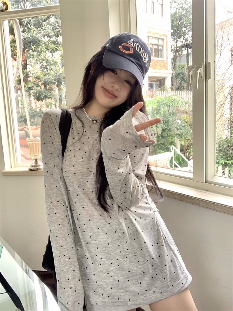 Actual shot ~ Korean style polka dot early spring long-sleeved sun protection casual loose round neck top