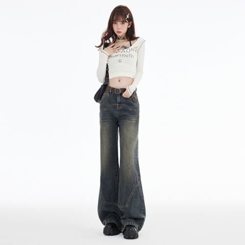 Actual shot of 2024 spring style new American retro loose design temperament versatile low-waisted wide-leg pants