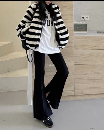 Korean new spring style solid color zipper crimped slit micro horn slim fit versatile style casual pants