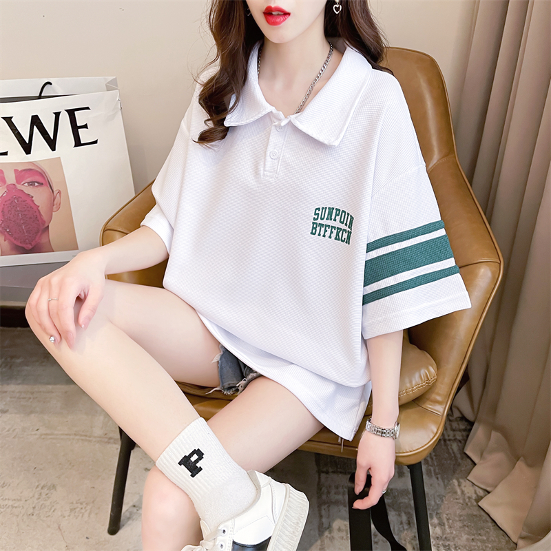 Actual shot of 2024 summer Korean style loose back collar waffle cartoon embroidered large size short-sleeved T-shirt for women