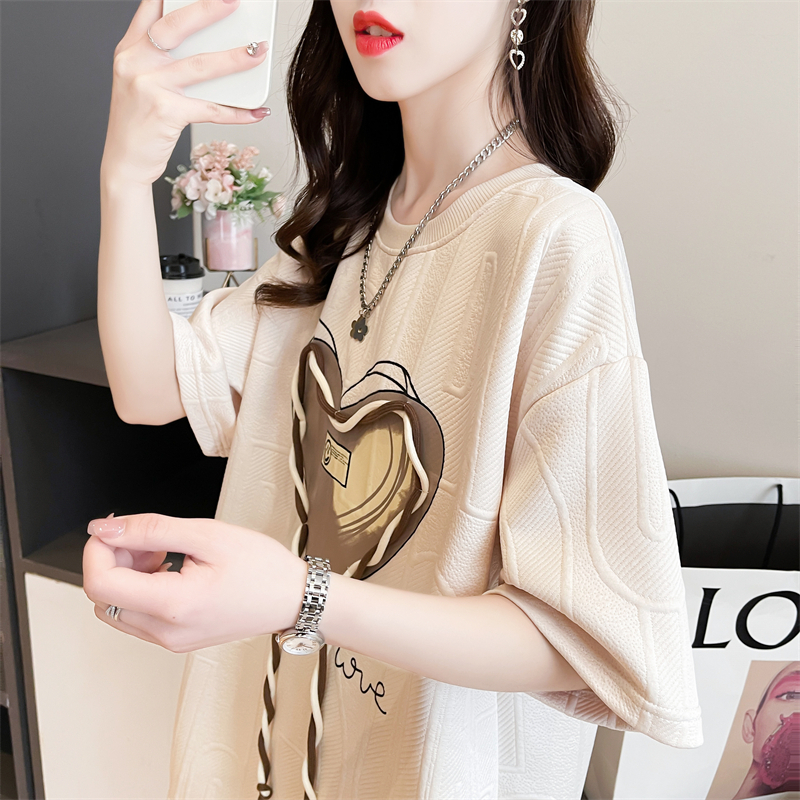 Actual shot of 2024 summer Korean style loose back collar waffle love lace large size short-sleeved T-shirt for women