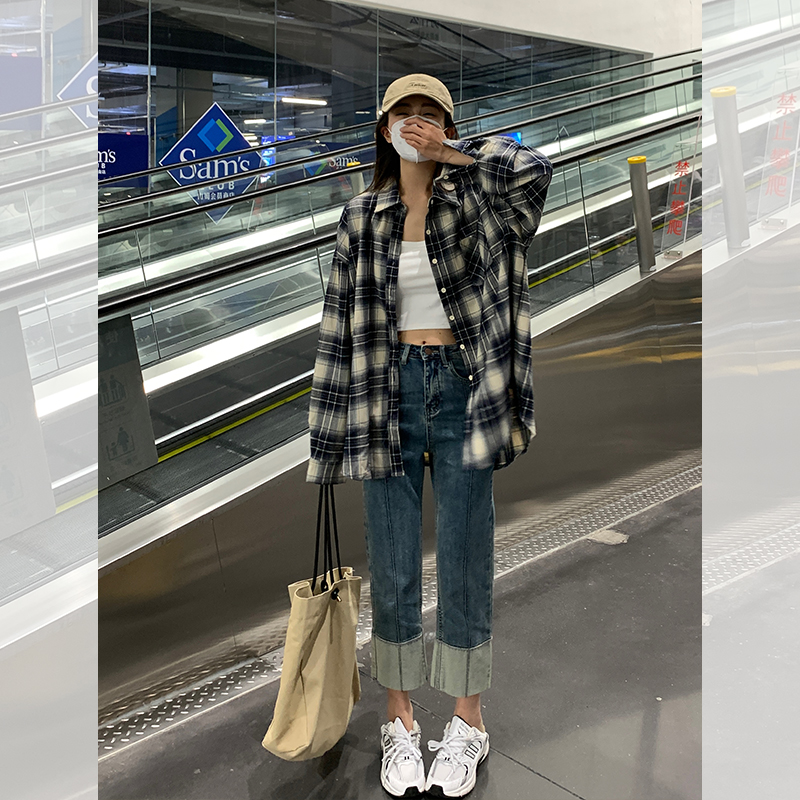 宋正恩港風復古格子襯衫女款春裝小個子襯衣外套休閒開衫上衣外搭