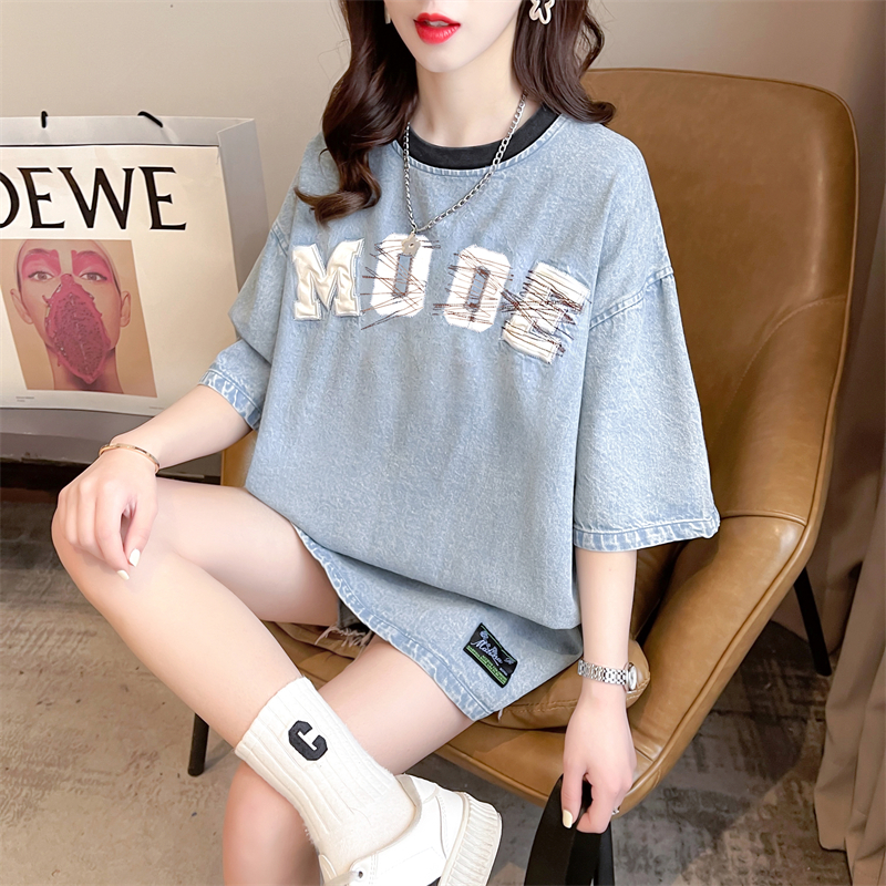 Real shot 2024 summer Korean style round neck pure cotton denim front and back printed large size short-sleeved T-shirt for women