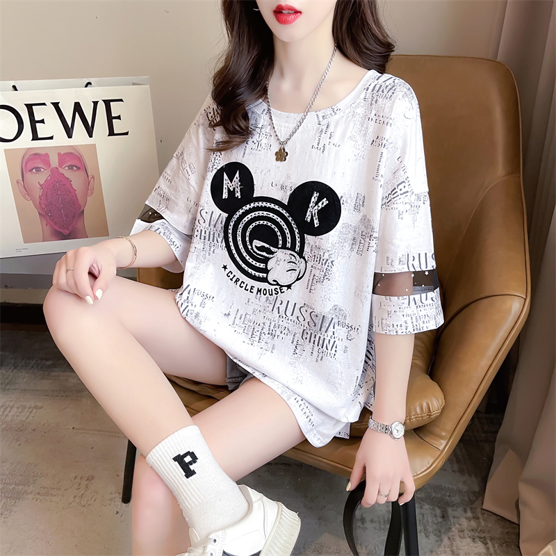 Real shot 2024 summer Korean style POLO shirt loose cartoon mid-length large size short-sleeved T-shirt for women