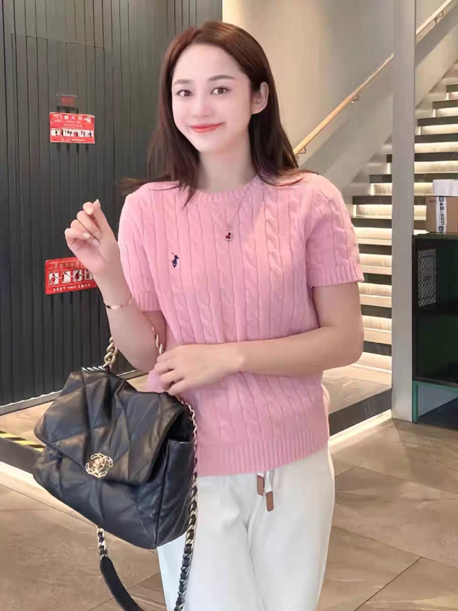 復古麻花小馬刺繡短袖針織衫上衣女早春時尚氣質百搭圓領套頭毛衣