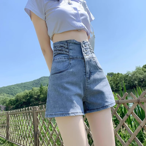 Black high-waisted denim shorts for women summer thin breasted belly-controlling A-line wide-leg pants 2024 new outer wear hot pants
