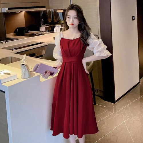 甜美法式红色连衣裙女五分袖2024夏季新款收腰显瘦中长裙A字裙子
