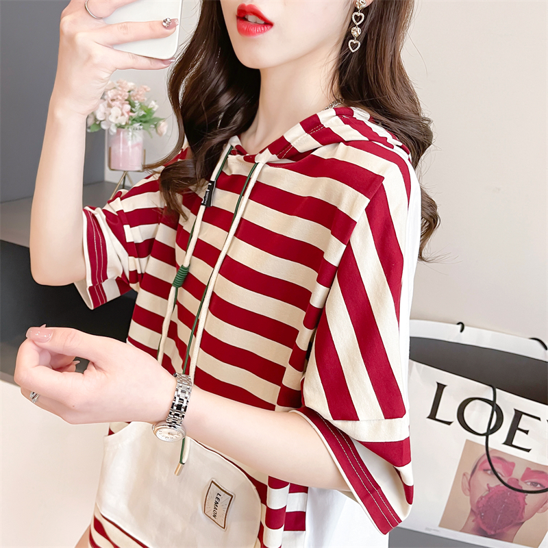 Real shot 2024 summer Korean style loose hooded striped splicing heavy industry large size short-sleeved T-shirt for women
